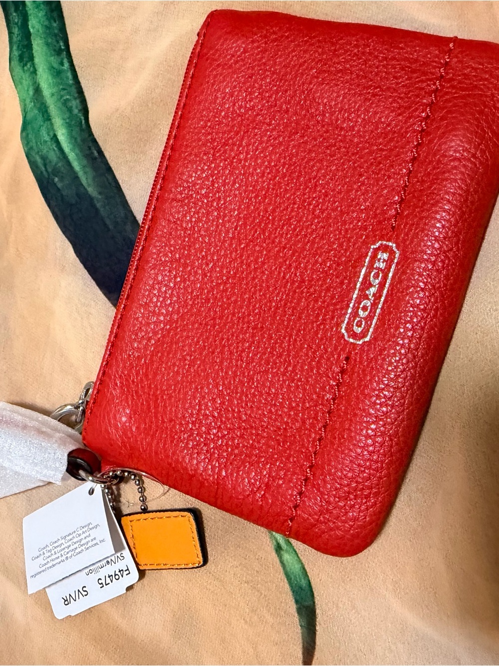 Coach Red Pebbled Leather Wristlet with Yellow Tag